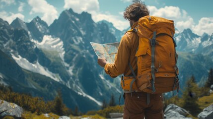 traveler in a yellow jacket with backpack on his back looks at the map standing on the mountain