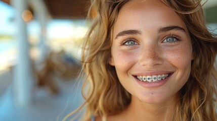 Young woman with braces smiling. Close-up portrait with bokeh background.
