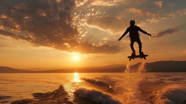 The new spectacular sport, the flyboard is showed in the coast of beach on the sunset. Man on flyboard