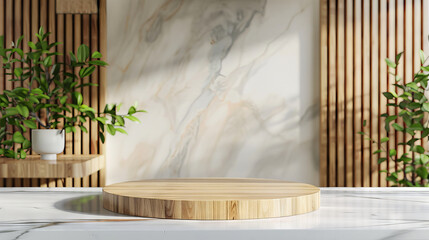 Round wooden platform for product. Marble and wooden background with plants. Empty podium, mockup pedestal.