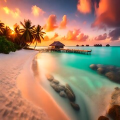 Amazing sunset panorama at Maldives. Luxury resort villas seascape with soft led lights under colorful sky. 