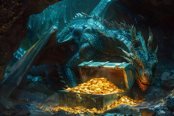 an illustration of detailed and moody depiction of a fearsome dragon protectively coiled around a treasure chest brimming with gold coins in a magical crystal cave The dragons wings are spread wide