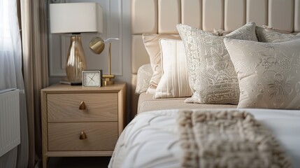 Wooden bedside cabinet near bed with beige bedding. French country interior design of modern luxurious bedroom.