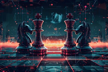 Artificial Intelligence. digital style illustration features two chess pieces, on board with a cyberpunk inspired background The abstract design showcases geometric patterns, glowing neon lines - obrazy, fototapety, plakaty