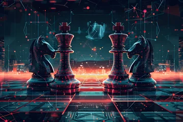 Foto op Plexiglas Artificial Intelligence. digital style illustration features two chess pieces, on board with a cyberpunk inspired background The abstract design showcases geometric patterns, glowing neon lines © Pravit