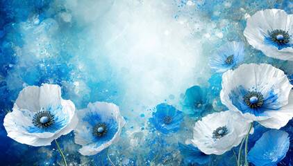 Poppy flowers. Blue grunge floral wallpaper