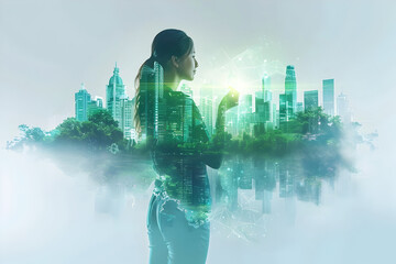 Smart City. 3D rendered digital artwork featuring an businesswoman interacting with a hologram of a green city skyline, digital technology agriculture, smart farming concept - obrazy, fototapety, plakaty