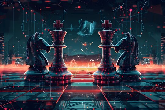 Artificial Intelligence. digital style illustration features two chess pieces, on board with a cyberpunk inspired background The abstract design showcases geometric patterns, glowing neon lines