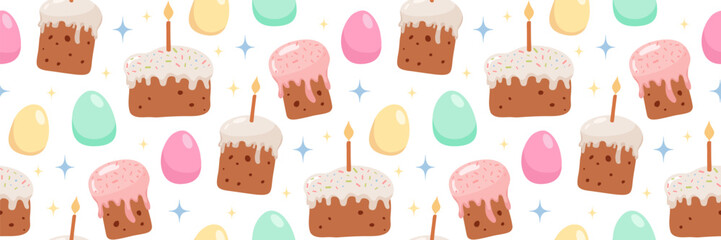 Spring Easter seamless pattern with cakes and colored eggs. Traditional religious sweet pastries.
