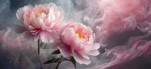 Pink peonies in smoke. Abstract spring flowers - obrazy, fototapety, plakaty