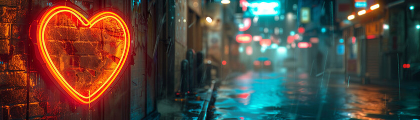 Neon heart sign glows warmly on a wet urban street at night, reflecting on the rain-soaked pavement