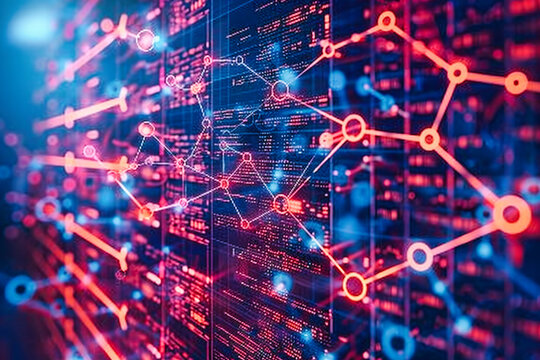 Abstract technology and cyberspace network with blue digital background, illustrating global connectivity and data transfer