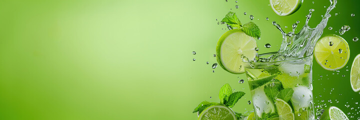 Ice-cold Mojito cocktail with mint and lime explosion, and splashes, panoramic green banner with copy space