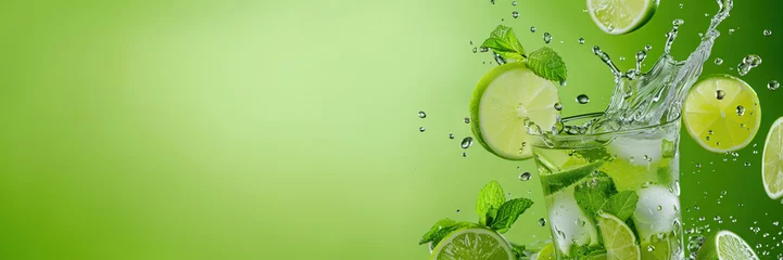 Fotobehang Ice-cold Mojito cocktail with mint and lime explosion, and splashes, panoramic green banner with copy space © angelo sarnacchiaro