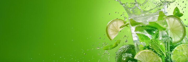 Ice-cold Mojito cocktail with mint and lime explosion, and splashes, panoramic green banner with copy space