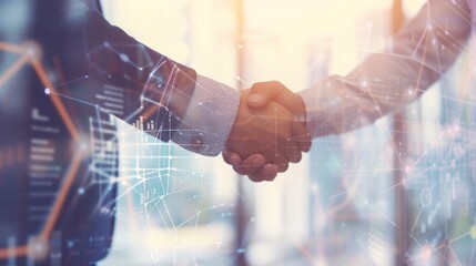Deal. business man investor handshake with graph chart stock market diagram background, trading, internet communication, stock market, partnership, digital technology, teamwork concept