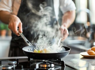 Chef hands keep wok with fire. Closeup chef hands cook food with fire. Chef man burn food at professional kitchen.
