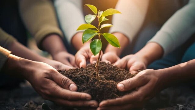 Plants, sustainability and the earth in the hands of business people for teamwork, support or environment Collaborating, growing, and investing in people and the soil for the future.