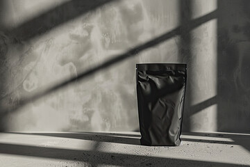 A black food or cosmetic product blank packaging mockup on an industrial concrete background