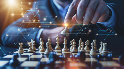 Business Strategy. business man hand moving king chess figure with network link on chess board game competition, chess battle, business management plan, leadership, team leader concept