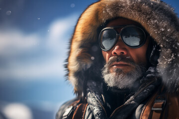 Portrait of an adventurous explorer man warmly dressed and wearing sunglasses on an arctic expedition with low temperatures - obrazy, fototapety, plakaty