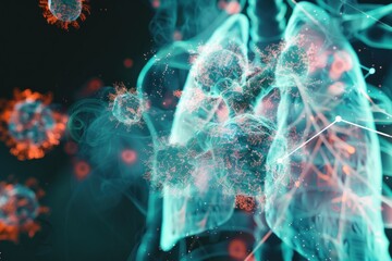 digital rendering of human lungs with visible virus and smoke, highlighting respiratory health and disease, disease treatment, world no tobacco day, surgery, laboratory, medical technology concept