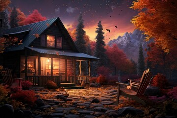 Autumn cabin in the woods