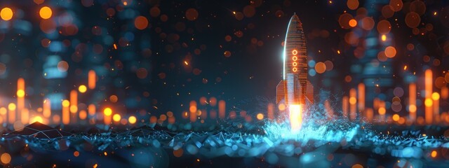 Blockchain. golden rocket, composed of digital candles and cryptocurrency coins, soars through vast expanse of cyberspace, cryptocurrency, stock market, business investment, money, technology concept - obrazy, fototapety, plakaty