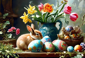 Easter illustration with Easter eggs and Easter bunnies.