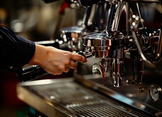 Naklejka premium Close-up of espresso pouring from coffee machine. Professional coffee brewing