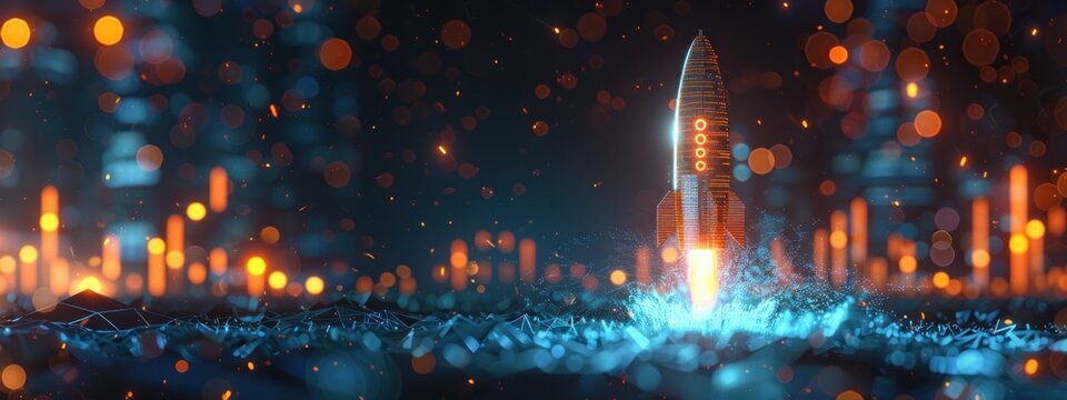 Blockchain. golden rocket, composed of digital candles and cryptocurrency coins, soars through vast expanse of cyberspace, cryptocurrency, stock market, business investment, money, technology concept