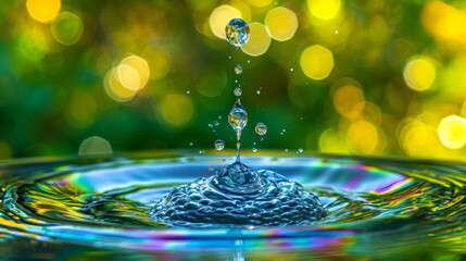 Naklejka na ściany i meble A crystal-clear droplet dances mid-air, sunlight catching its iridescence, as it plunges into a serene pond, creating ripples and reflections that mesmerize the onlooker