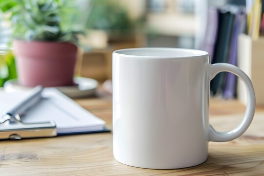 3d rendered of white coffee mug on a wooden table with a pencil, evoking the atmosphere of a home office or workspace
