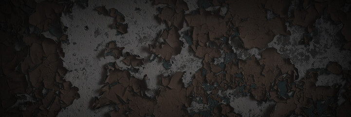 Dark wide panoramic background. Peeling paint on a concrete wall. Dark grunge texture of old...