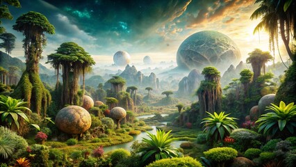 Alien world with bizarre jungle landscape