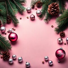 Fototapeta na wymiar Christmas background with fir branches and christmas balls on a pink background