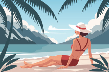 Seascape. Time relax. Young woman in a hat on the beach against the backdrop of a seascape. Illustration. Vector