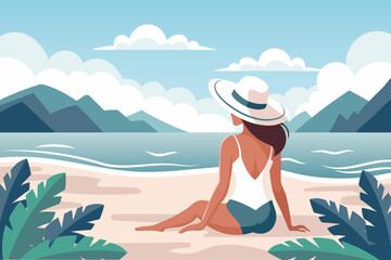 Obraz na płótnie Canvas Seascape. Time relax. Young woman in a hat on the beach against the backdrop of a seascape. Illustration. Vector