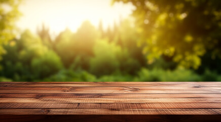 Naklejka na ściany i meble Wooden table on blurred nature background.