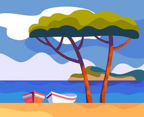 beautiful mediterranean view with fishing boats and pine trees - 757153389