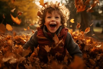 Child jumping into autumn leaves