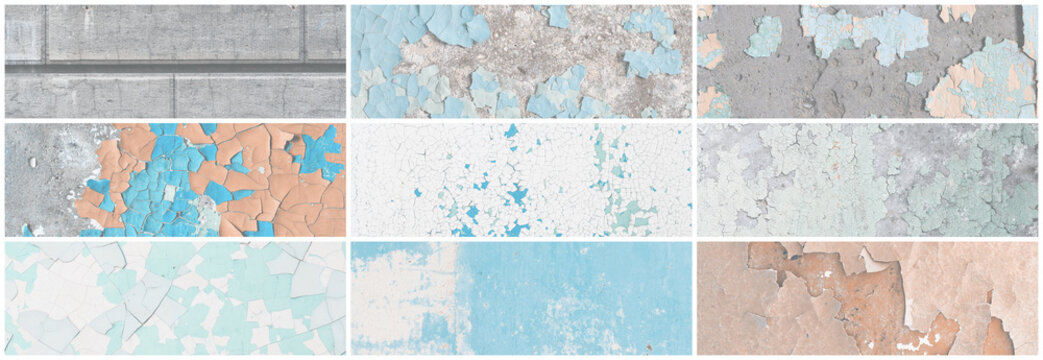 Set of panoramic background textures. Collection of wide textures with peeling paint, cracks, rust, stone and concrete walls. Faded rough surfaces of old walls. Bundle of light backgrounds for design.