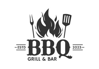 BBQ logo. Barbecue, grill icon with fire flame. Meat restaurant label. Vector illustration.
