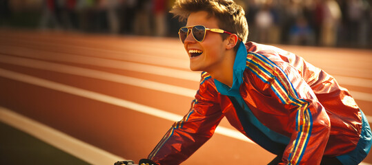Young smiling sports cyclist in a shiny blue and red tracksuit and sunglasses on a blurred background of the track and spectators, fans. Advertising banner with copy space