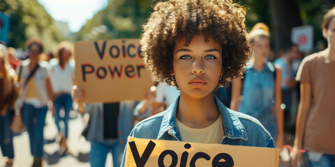 Political demonstration. Mixed race young woman in front of protestors crowd.