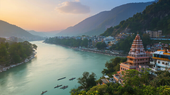 Yoga Retreat by the Ganges in Rishikesh, A serene yoga session overlooking the tranquil Ganges river at sunrise in Rishikesh, India