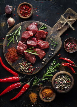 Illustration depicting kangaroo meat and spices nearby, in a rustic dark brown style, on an old wooden board. Different spices and rosemary add contrast. Restaurant menu. Homemade food. Very beautiful