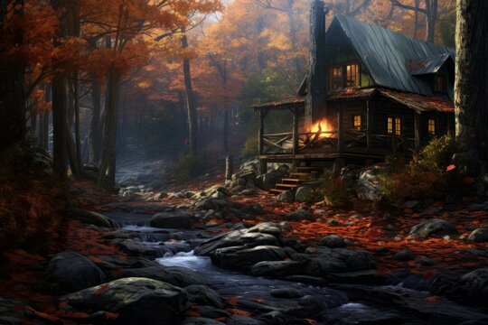 Autumn cabin in the woods