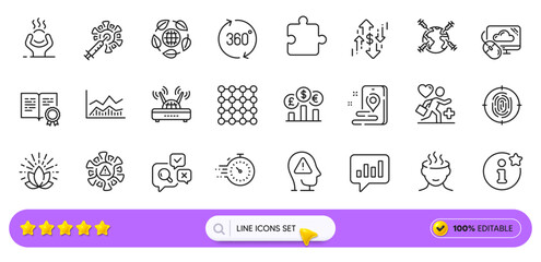 Patient, Currency rate and Cloud computing line icons for web app. Pack of Lotus, Certificate, Place pictogram icons. Density, Eco organic, Fingerprint signs. Coronavirus. Search bar. Vector