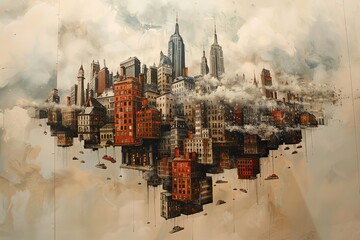 A city painting showcasing numerous tall buildings reaching into the sky, creating a bustling urban landscape. Generative AI